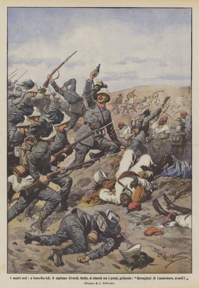 Nos héros, à Kars-Bu-Adi, le capitaine Civardi, blessé, se lance parmi les premiers, criant - Achille Beltrame