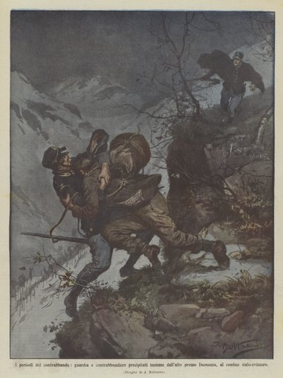Les dangers de la contrebande, garde et contrebandier précipités ensemble du haut près de ? - Achille Beltrame