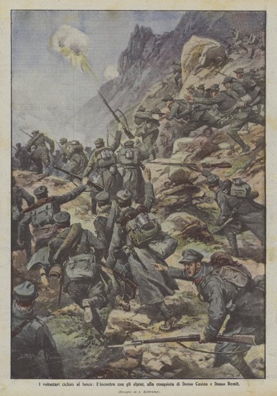 Les volontaires cyclistes au feu, la rencontre avec les alpins, à la conquête de Dosso Casina et Dosso Remit - Achille Beltrame
