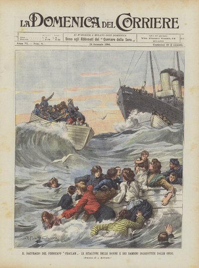 Le naufrage du vapeur Ckallam, les canots de sauvetage des femmes et des enfants engloutis par les vagues - Achille Beltrame