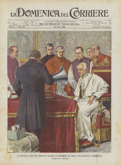 Le pontife Léon XIII prononce devant le phonographe les paroles de la bénédiction apostolique - Achille Beltrame