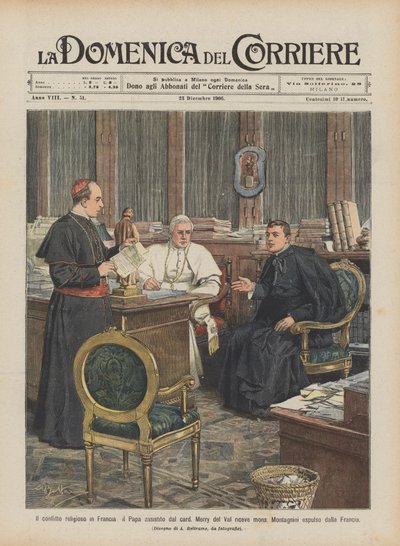 Le conflit religieux en France, le Pape assisté par le cardinal Merry del Val reçoit Monseigneur - Achille Beltrame