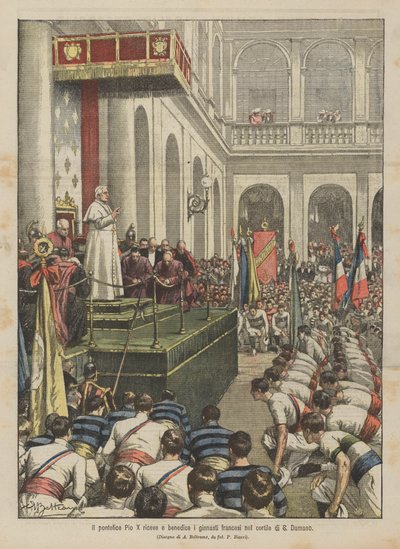 Le pape Pie X reçoit et bénit les gymnastes français dans la cour de Saint-Damase - Achille Beltrame