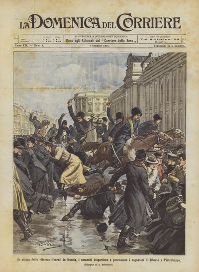 En attente des réformes libérales en Russie, les cosaques dispersent et battent les rêveurs de liberté à Saint-Pétersbourg - Achille Beltrame