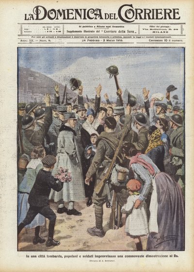Dans une ville lombarde, les habitants et les soldats improvisent une démonstration émouvante au roi - Achille Beltrame