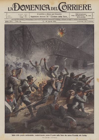 Début de la guerre austro-serbe, combat près du pont sur la Save reliant l