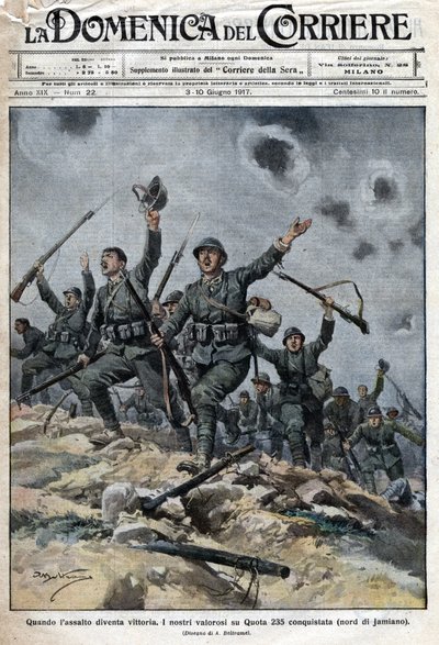 Armée italienne victorieuse sur les troupes austro-hongroises dans les montagnes du Karst en Slovénie. Les Italiens progressent ainsi vers Trieste. Ill. de Beltrame. La Domenica del Corriere. 06/1917 - Achille Beltrame