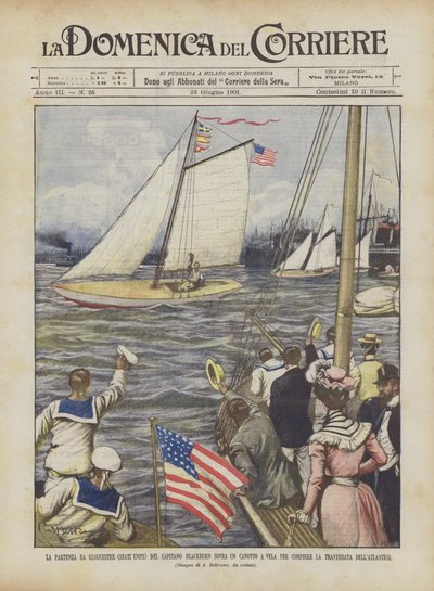 Le départ de Gloucester (États-Unis) du capitaine Blackburn sur un canot à voile - Achille Beltrame