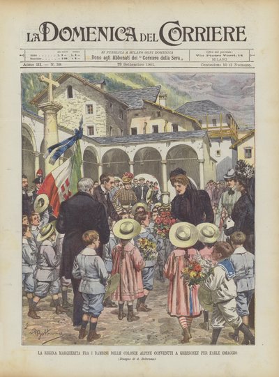 La reine Marguerite parmi les enfants des colonies alpines réunis à Gressoney pour lui rendre hommage - Achille Beltrame