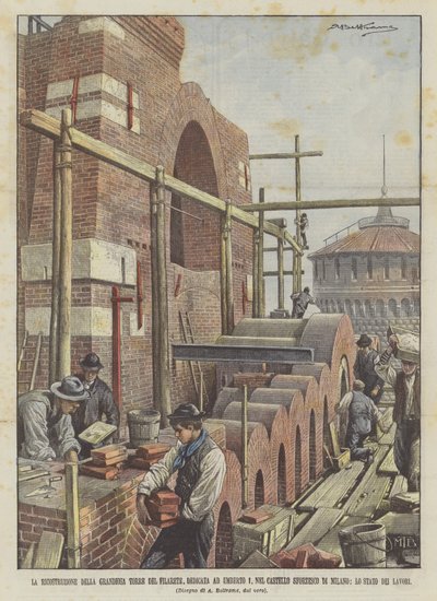 La reconstruction de la grandiose tour du Filarete, dédiée à Umberto I, dans le château Sforzesco - Achille Beltrame