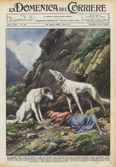 La comtesse Lucia Costa, de Milan, montée avec son mari et deux lévriers sur une hauteur autour - Achille Beltrame