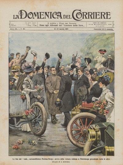 La fin du raid automobile Pékin-Paris, arrivée de la voiture italienne à Saint-Pétersbourg - Achille Beltrame