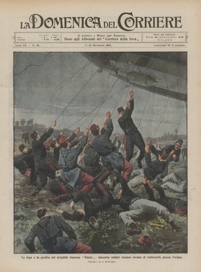 La fuite et la perte du dirigeable français Patrie, deux cents soldats tentent en vain de le retenir près de Verdun - Achille Beltrame