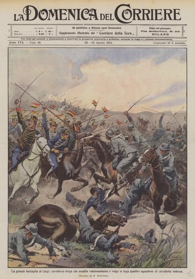 Grande bataille de Liège, cavalerie belge attaquant vaillamment et mettant en fuite quatre - Achille Beltrame