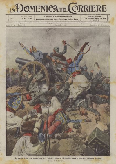 Guerre féroce, lutte furieuse entre Turcos français et artilleurs allemands autour de Charleroi (Belgique) - Achille Beltrame