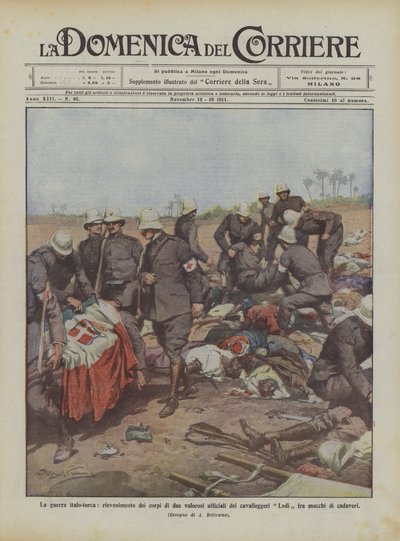 La guerre italo-turque, découverte des corps de deux valeureux officiers des cavaliers Lodi - Achille Beltrame
