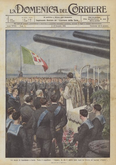 La messe du Nouvel An à bord, le chapelain parle, Seigneur, fais que la nouvelle année marque - Achille Beltrame