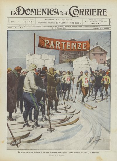 La première caravane italienne de tourisme hivernal sur le Spluga, compétitions nationales de ski à Madesimo - Achille Beltrame