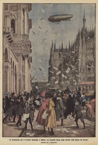 La propagande pour le prêt national à Milan, un dirigeable lance des feuilles colorées sur la Piazza del Duomo - Achille Beltrame