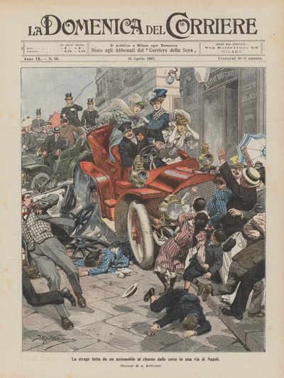 Le massacre causé par une automobile au retour des courses dans une rue de Naples - Achille Beltrame