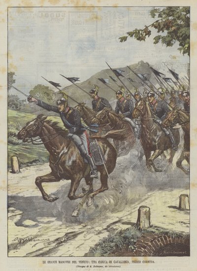 Les grandes manœuvres en Vénétie, une charge de cavalerie, près de Cornuda - Achille Beltrame