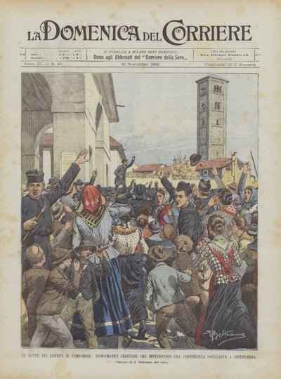 Les luttes des partis en Lombardie, démocrates chrétiens empêchant une conférence socialiste à Incino-Erba - Achille Beltrame