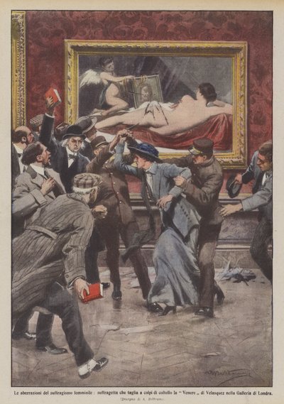 Les aberrations du suffragisme féminin, suffragette taillant la Vénus à coups de couteau - Achille Beltrame
