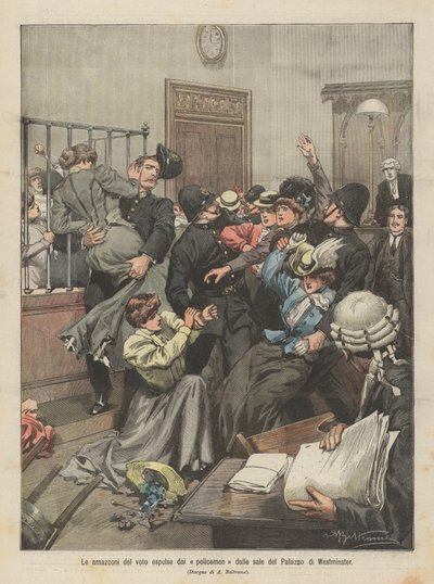 Les amazones du vote expulsées par les policiers des salles du Palais de Westminster - Achille Beltrame