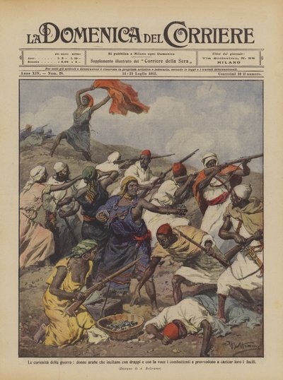 Les curiosités de la guerre, femmes arabes qui incitent les combattants avec des drapeaux et des cris - Achille Beltrame