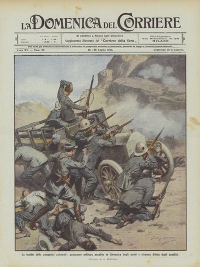 Les dangers des conquêtes coloniales, camion militaire attaqué en Cyrénaïque par les Arabes - Achille Beltrame
