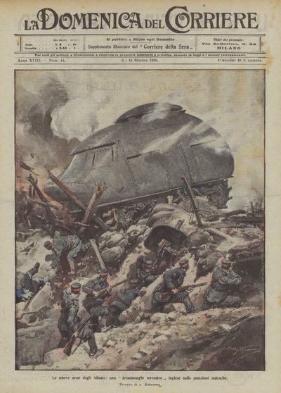 Les nouvelles armes des Alliés, un dreadnought terrestre anglais sur les positions allemandes - Achille Beltrame