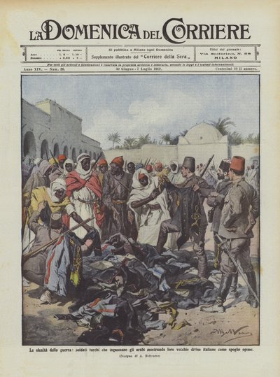Les tromperies de la guerre, soldats turcs qui trompent les Arabes en leur montrant de vieux uniformes - Achille Beltrame
