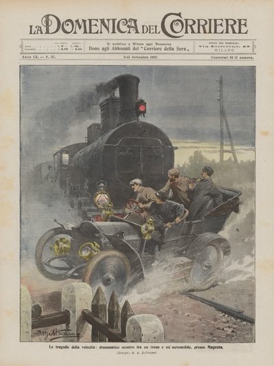 Les tragédies de la vitesse, dramatique collision entre un train et une automobile, près de Magenta - Achille Beltrame