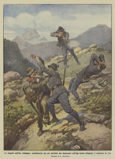 Les tragédies en haute montagne, garde-chasse qui pour arrêter deux braconniers dans les Alpes Setsch - Achille Beltrame