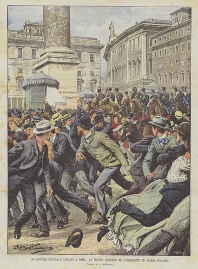 La grève générale ouvrière à Rome, la troupe disperse les grévistes sur la place Colonna - Achille Beltrame