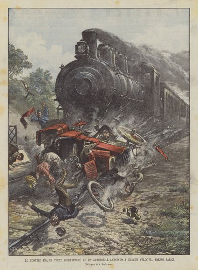 La collision entre un train express et une automobile lancée à grande vitesse, près de Paris - Achille Beltrame