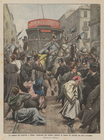 La grève des tramways à Milan, grévistes tentant d