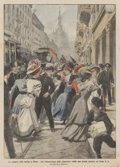 La grève des couturières à Milan, une manifestation des grévistes contre une grande maison de couture sur le Corso V E - Achille Beltrame