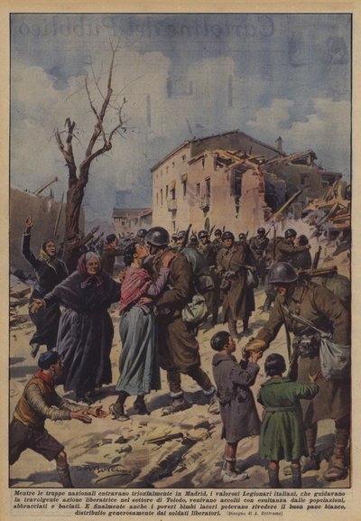 Alors que les troupes nationales entraient triomphalement à Madrid, les vaillants légionnaires italiens - Achille Beltrame