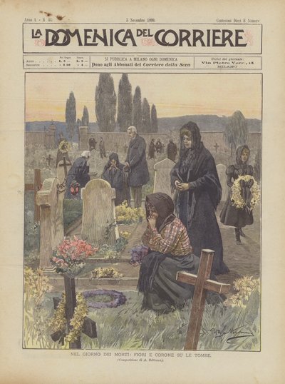 Le jour des morts, fleurs et couronnes sur les tombes - Achille Beltrame