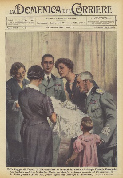 Dans le Palais Royal de Naples, la présentation aux Souverains du nouveau-né Prince Vittorio Emanuele - Achille Beltrame