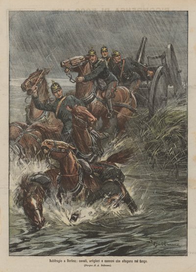 Déluge à Berlin, chevaux, artilleurs et canons noyés dans la boue - Achille Beltrame