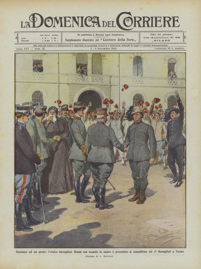 Hommages à un brave, le héros bersaglier Benna avec sa mère présenté aux camarades... - Achille Beltrame