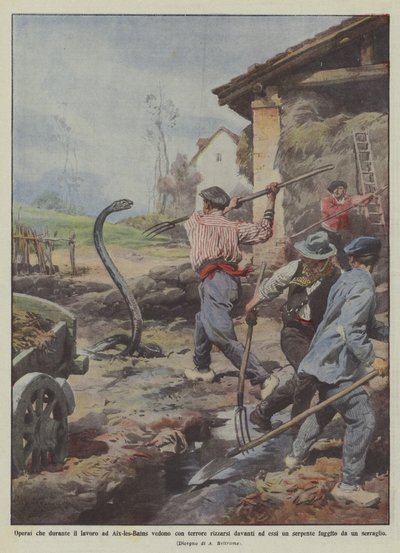 Ouvriers qui, pendant le travail à Aix-les-Bains, voient avec terreur se dresser devant eux - Achille Beltrame