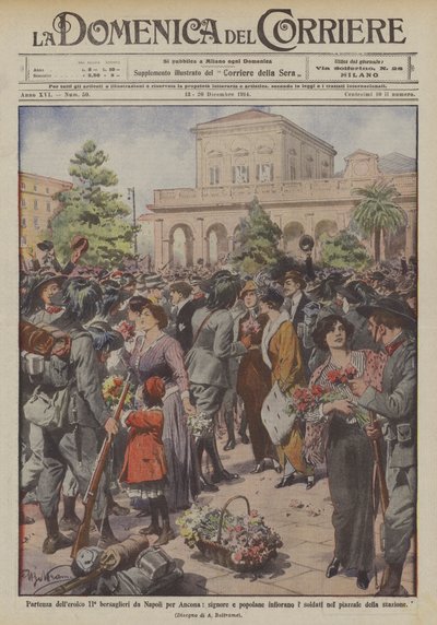 Départ des héroïques bersaglieri de Naples pour Ancône, dames et paysannes fleurissant les soldats - Achille Beltrame