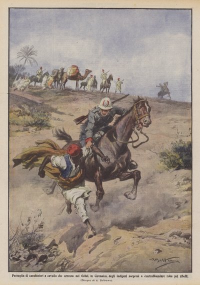 Patrouille de carabiniers à cheval arrêtant des indigènes surpris dans le Gebel, en Cyrénaïque - Achille Beltrame