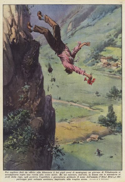 Pour cueillir des fleurs à offrir à sa fiancée (les beaux lys rouges de montagne) un jeune homme - Achille Beltrame