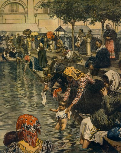 Pèlerinage à Caravaggio : Baignade dans les eaux miraculeuses, par Achille Beltrame, de La Domenica del Corriere - Achille Beltrame