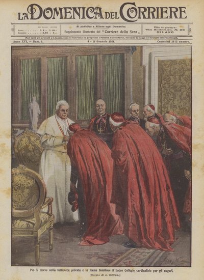 Pie X reçoit dans la bibliothèque privée et de manière familiale le Sacré Collège cardinalice pour les vœux - Achille Beltrame