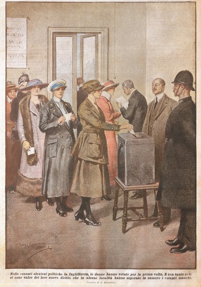 Élections politiques en Angleterre : Les femmes votent pour la première fois, illustration, 20ème siècle - Achille Beltrame